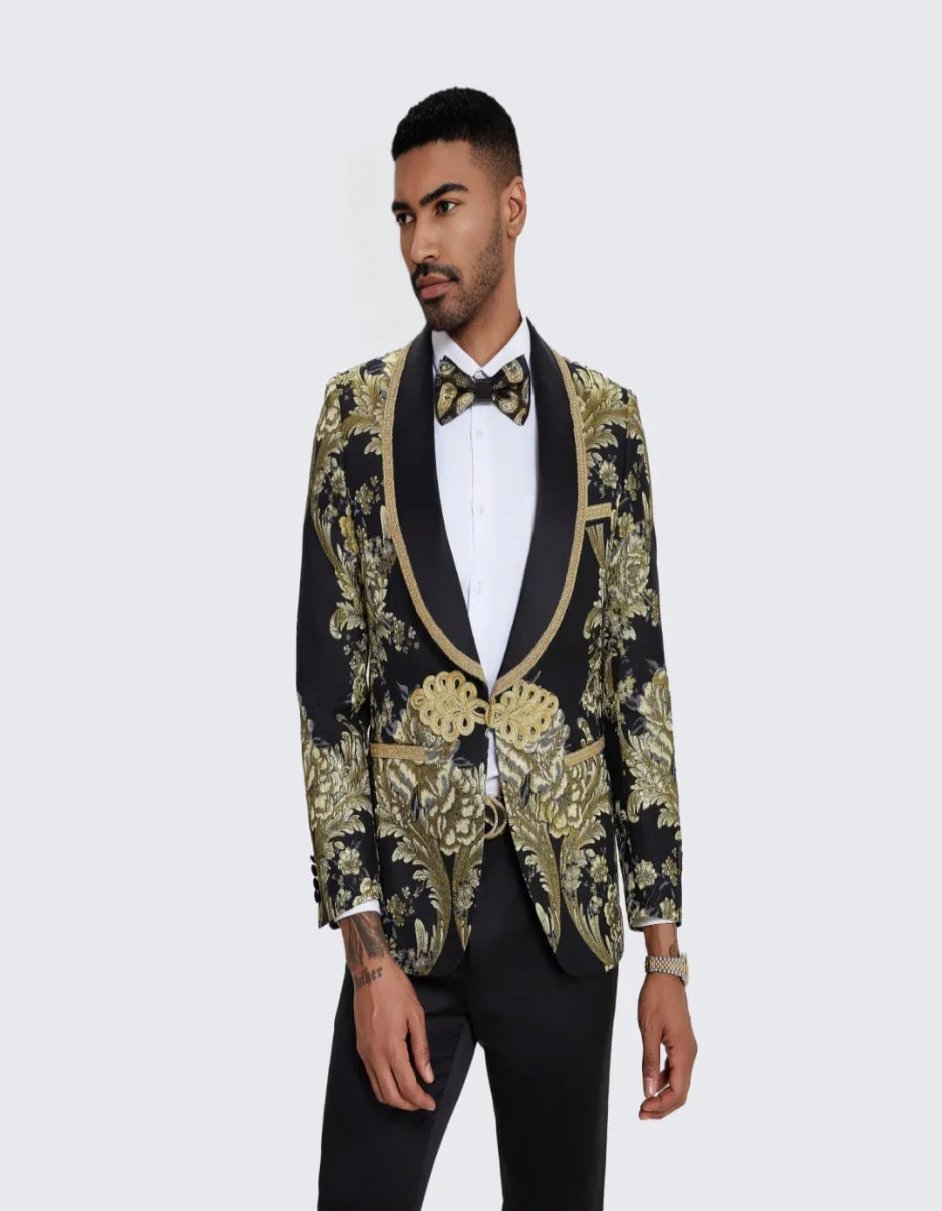 Black and Gold Prom Suit - Men's Black Tuxedo with Gold Textured Paisley Design- Wedding - Prom