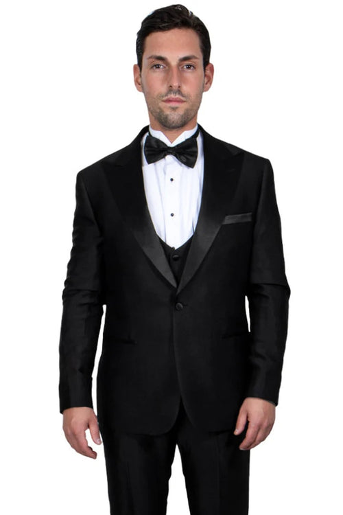 Black Prom Suit - Men's Stacy Adams Vested One Button Peak Lapel Black Tuxedo