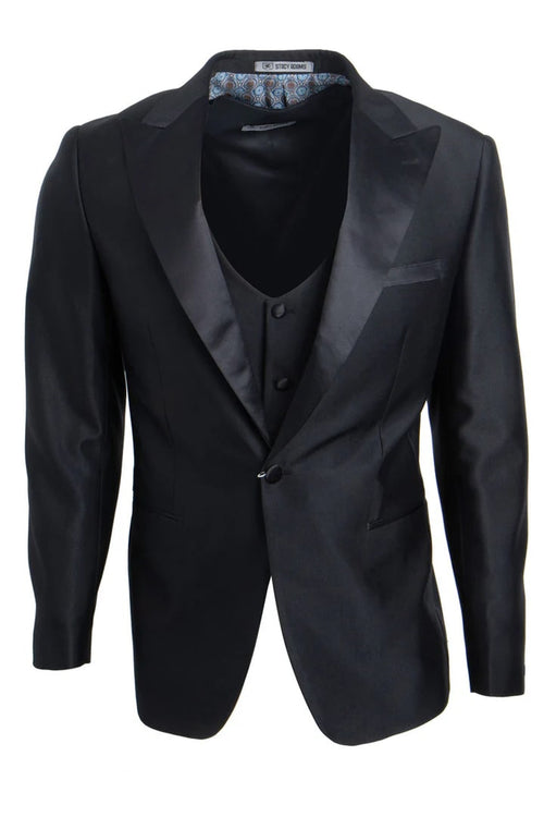 Black Prom Suit - Men's Stacy Adams Vested One Button Peak Lapel Black Tuxedo
