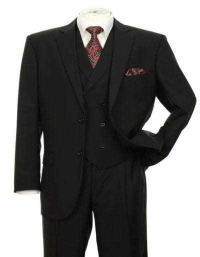 Mens 2 button Pleated Pant Black Suit With Double Breasted Vest