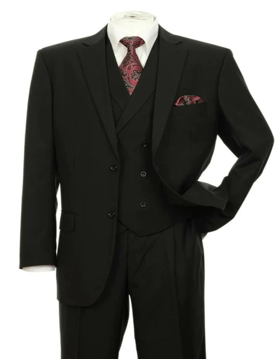 Mens 2 button Pleated Pant Black Suit With Double Breasted Vest