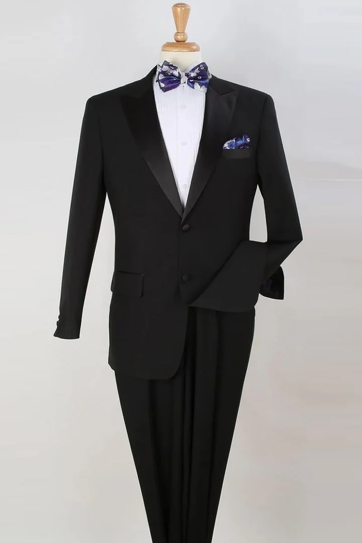 Black Prom Suit - Mens 2 Button Classic Fit Pleated Pant Peak Lapel Black Tuxedo