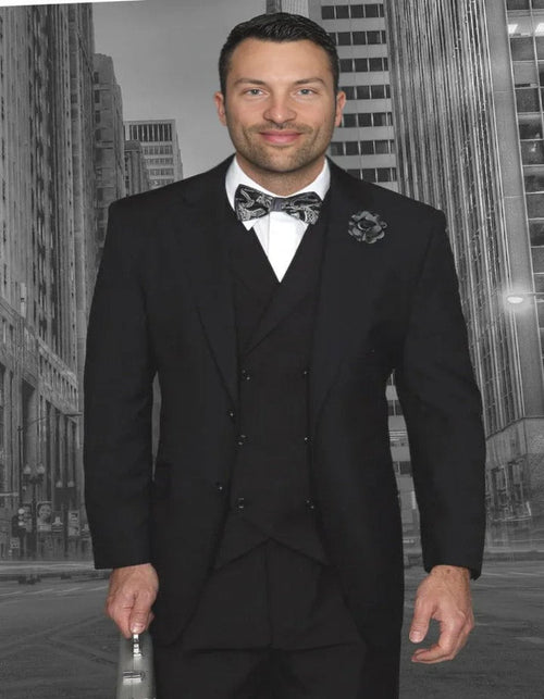 Pleated Dress Men Suits - Men's Designer Classic Fit Pleated Pant Wool Double Breasted Black Suit by Men's Tuxedo USA