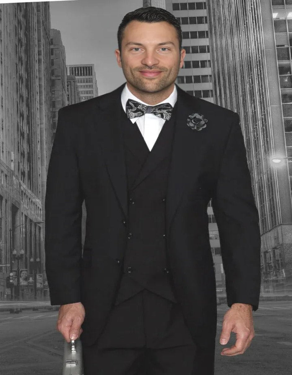 Pleated Dress Men Suits - Men's Designer Classic Fit Pleated Pant Wool Double Breasted Black Suit by Men's Tuxedo USA