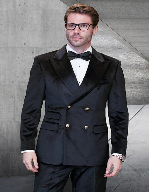 Black and Gold Prom Suit - Men's Designer Double Breasted Black Velvet Suit With Gold Buttons