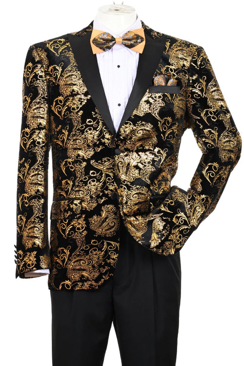 Unique Prom Suits - Interesting Fun - Men's Modern Fit Velvet Floral Paisley Foil Gold and Black Tuxedo