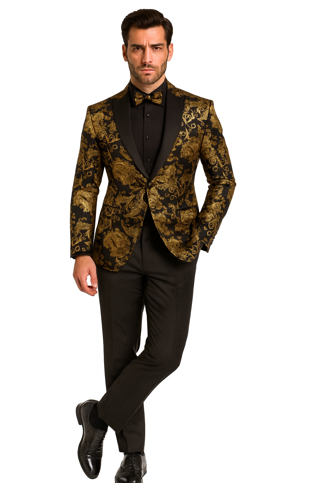 Black and Gold Prom Suit - Mens Paisley Velvet Foil Smoking Gold Jacket