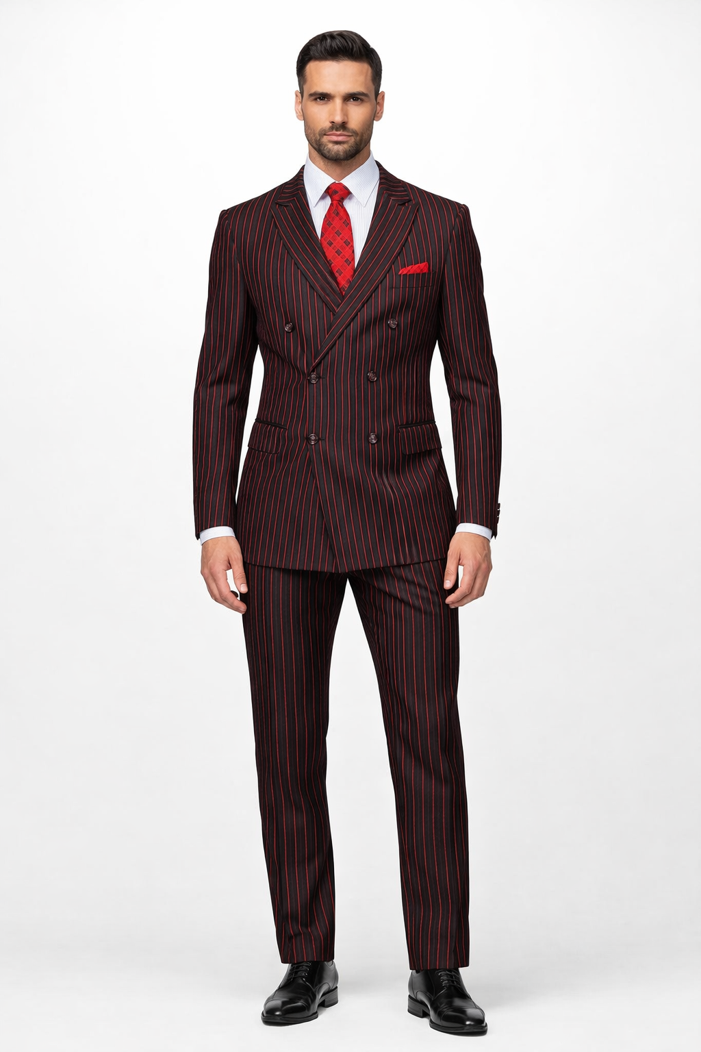 Black and Red Pinstripe Double breasted Suit - 100% Wool Modern Fit Side Vents by Statement brand – SuitUSA