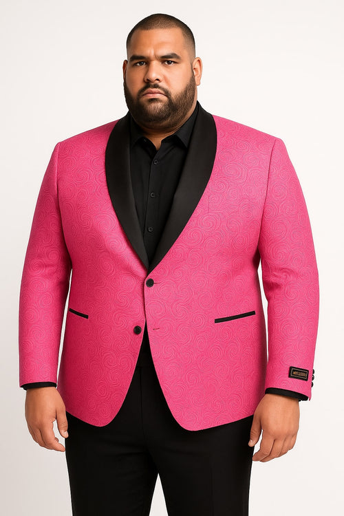 Men’s Hot Pink Tuxedo Suit With Black Pants Paisley Patter with Black Shawl Lapel - Fuchsia Color Prom Suit