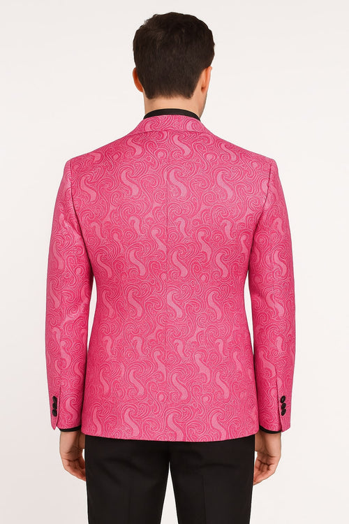 Men’s Hot Pink Tuxedo Suit With Black Pants Paisley Patter with Black Shawl Lapel - Fuchsia Color Prom Suit