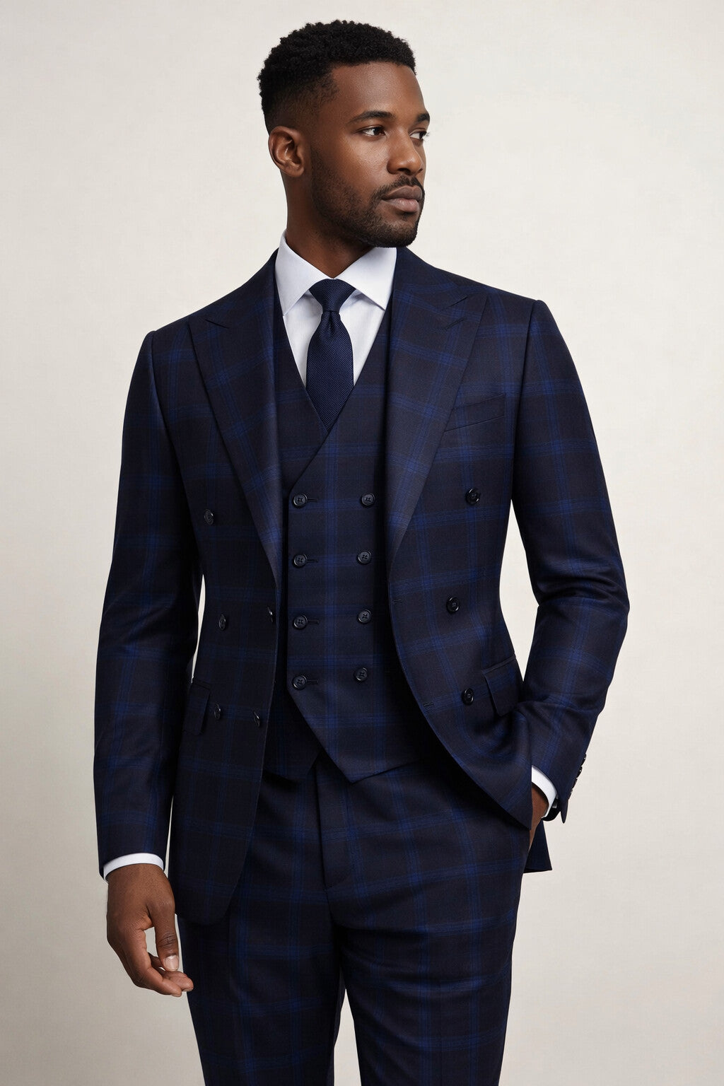 Blue Plaid Double Breasted Slim Fit Suit - Vested 3 Pieces Indigo Sapphire Color Windowpane – SuitUSA
