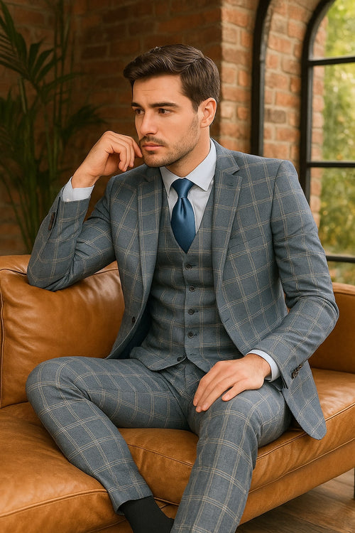Mens Blue Windowpane Checkered Slim Fit Suit - 3 Piece Stretch Business Suit by USA Men's Outlet