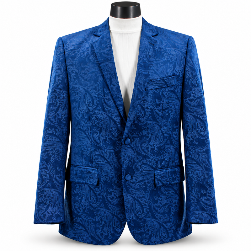 Men’s Velvet Paisley Blazer 2-Button Regular Fit with Notch Lapel - Blue
