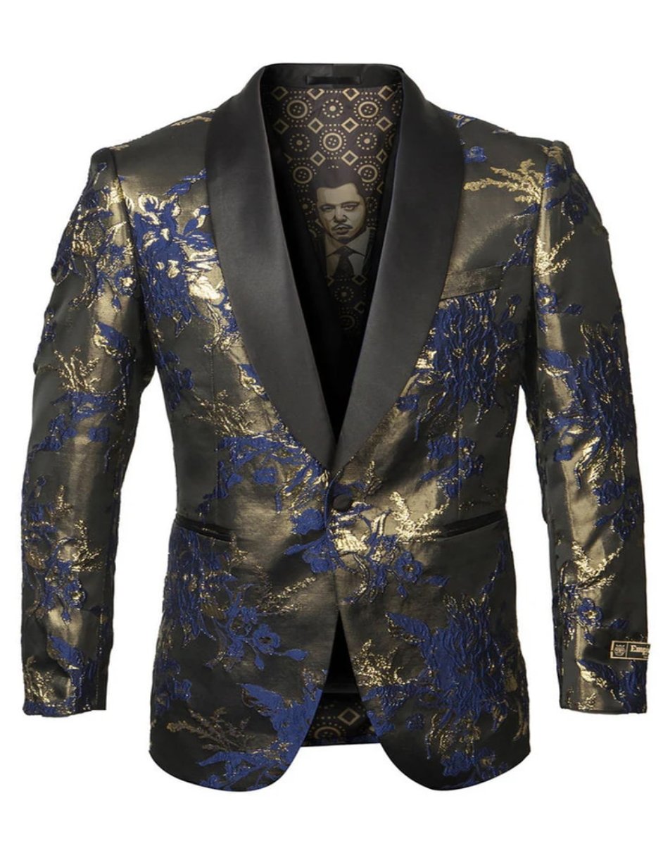 Black and Gold Prom Suit - Men's Shiny Satin Paisley Prom Navy and Gold Tuxedo
