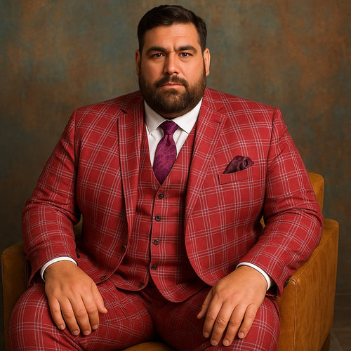Mens Red Plaid Three-Piece Suit - Bold Checkered Pattern with Vest and Matching Pants by USA Men's Outlet