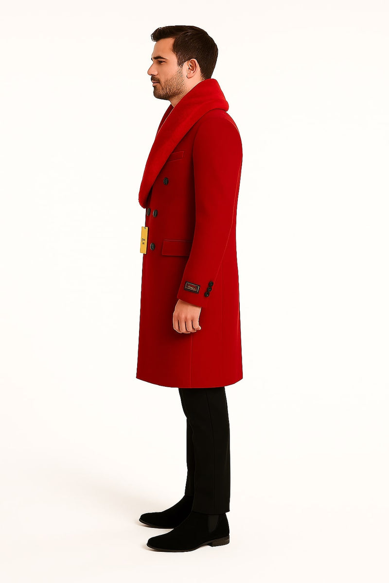 Mens Double Breasted Red Overcoat with Bold Red Faux Fur Collar – Alberto Nardoni Luxury Winter Coat