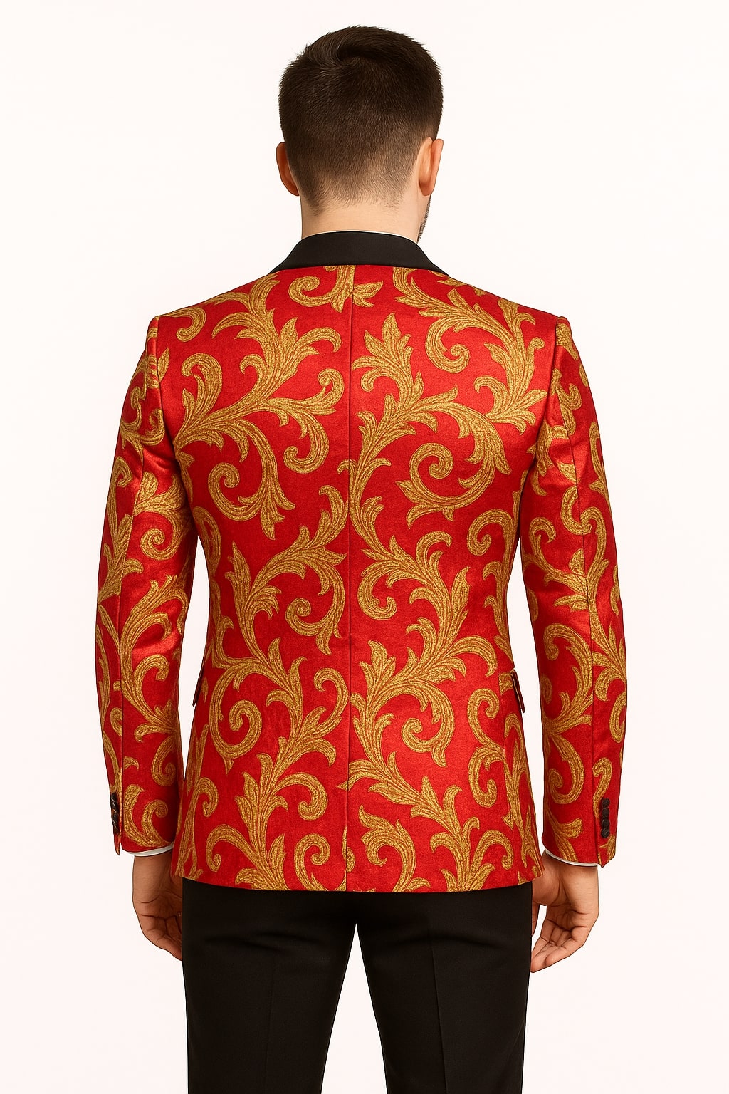 Men's Red and Gold Baroque Tuxedo Jacket with Black Satin Shawl Lapel