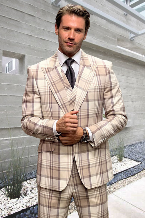 Men's Vested Wide Peak Lapel Bold Windowpane Suit in Tan