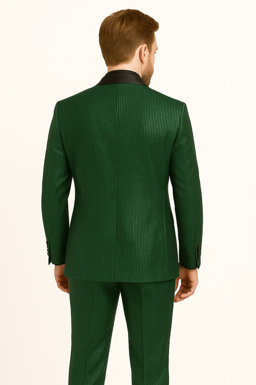 Men's Emerald Green Shiny Tuxedo with Black Satin Lapel and Matching Bow Tie - Ultra Slim Fit by USA Men's Outlet