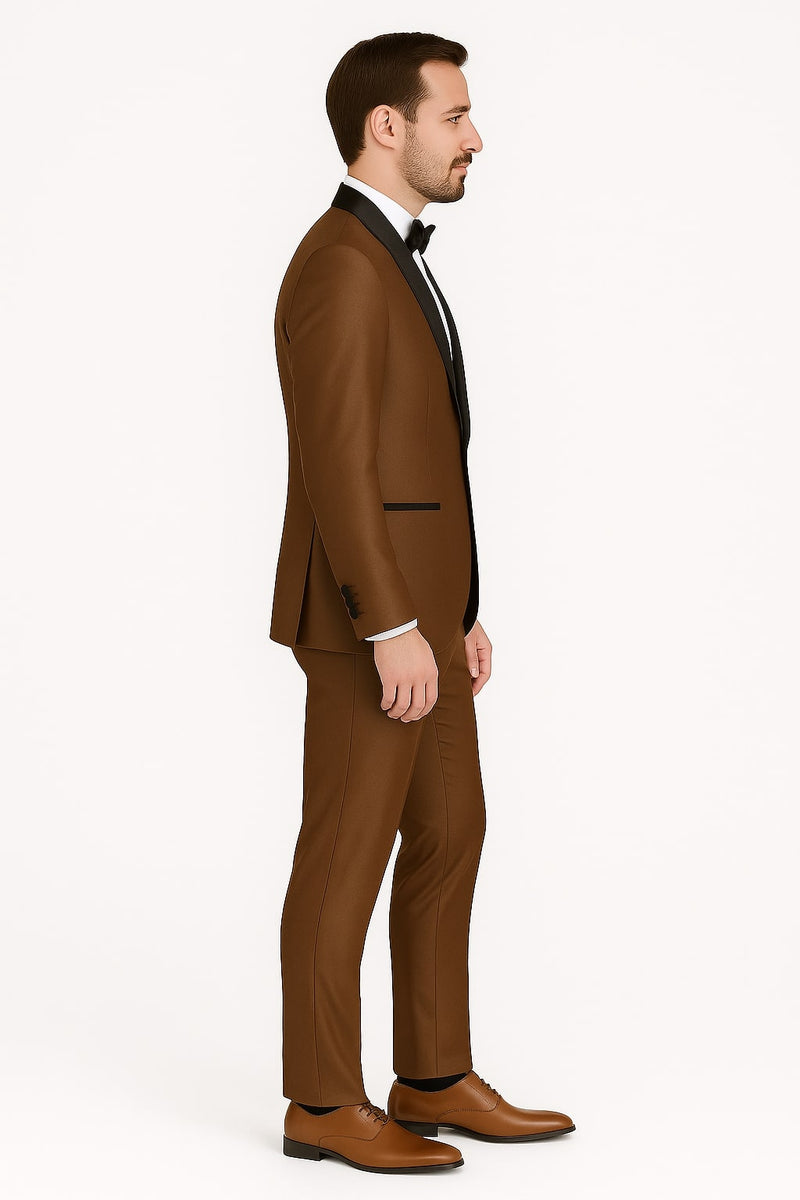 Mens Bronze Satin Shawl Lapel Tuxedo Suit – Light Brown Coffee Color