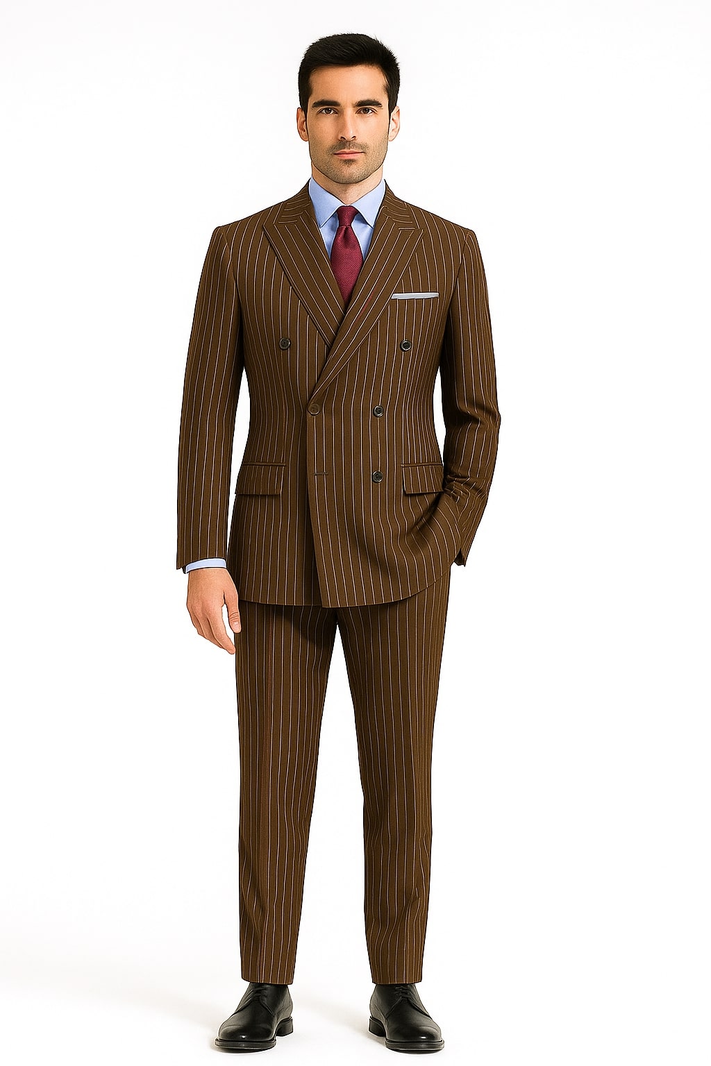 Mens Brown Pinstripe Double-Breasted Suit – Classic 6-Button Business and Vintage Style – SuitUSA