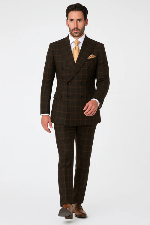 Men's Brown Plaid Double-Breasted Wool Suits ā Classic Windowpane Two-Piece Formal Suits By Rossiman