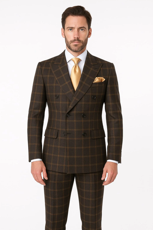 Men's Brown Plaid Double-Breasted Wool Suits ā Classic Windowpane Two-Piece Formal Suits By Rossiman