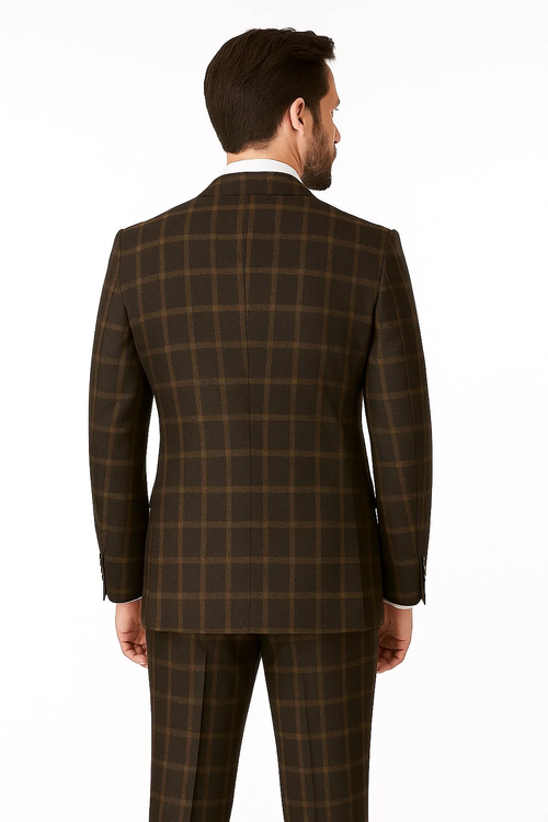 Men's Brown Plaid Double-Breasted Wool Suits ā Classic Windowpane Two-Piece Formal Suits By Rossiman