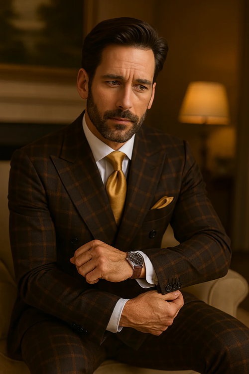 Men's Brown Plaid Double-Breasted Wool Suits ā Classic Windowpane Two-Piece Formal Suits By Rossiman