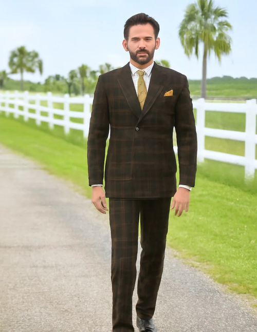 Men's Brown Plaid Double-Breasted Wool Suits ā Classic Windowpane Two-Piece Formal Suits By Rossiman