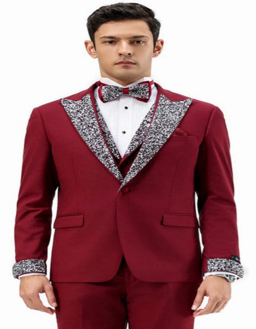 Burgundy Prom Tuxedo - Perfect Wedding Suit Vested Rhinestone Lapelled