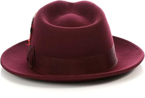 Gangster 100% Australian Wool Crushable Mens Fedora Hat - Removable Feather Gangster Burgundy Mens Fedora Hat