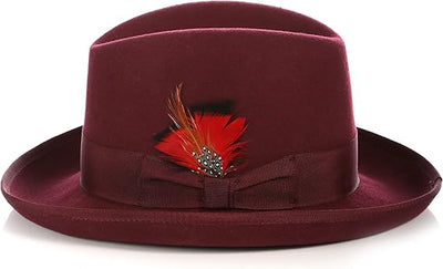 Gangster 100% Australian Wool Crushable Mens Fedora Hat - Removable Feather Gangster Burgundy Mens Fedora Hat