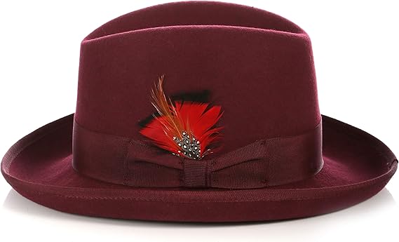Gangster 100% Australian Wool Crushable Mens Fedora Hat - Removable Feather Gangster Burgundy Mens Fedora Hat