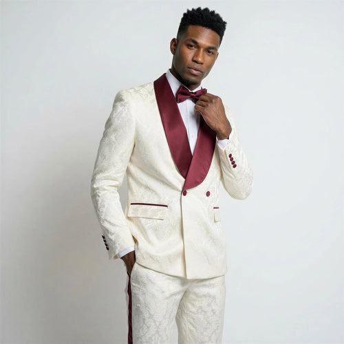 Men's Ivory and Burgundy Paisley Tuxedo with Shawl Lapel β 3 Piece Wedding Suit
