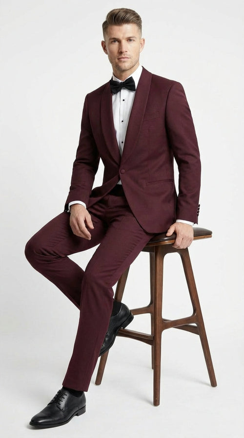 Men's Burgundy and Burgundy Shawl Lapel Tuxedo Suit | Classic Formal Wedding Prom Dinner Jacket Set
