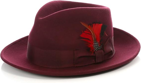 Gangster 100% Australian Wool Crushable Mens Fedora Hat - Removable Feather Gangster Burgundy Mens Fedora Hat