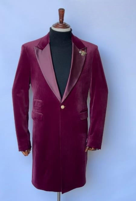 Velvet Long Coat - Velvet Carcoat - Burgundy Coat by USA Men's Outlet