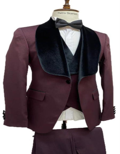 Burgundy Tuxedo - Maroon Burgundy Color - Mens Vested Designer Wide Velvet Wedding Burgundy Tuxedo by Men's Tuxedo USA
