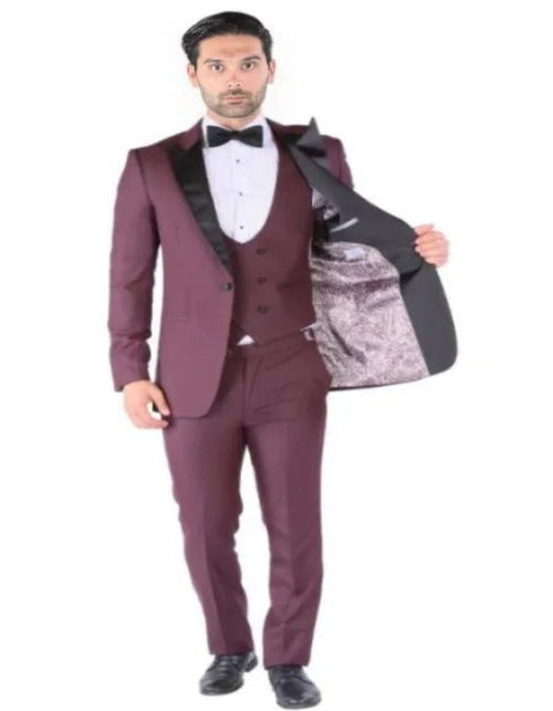 Burgundy Tuxedo - Maroon Burgundy Color - Prom Tuxedo - Wedding Tuxedo Luna Burgundy 3-Piece Slim Fit Peak Lapel Tuxedo by Men's Tuxedo USA