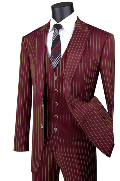 Mens Vested Gangster Pinstripe 1920's Vintage Peak Lapel Suit in Burgundy with Gold Pinstripes