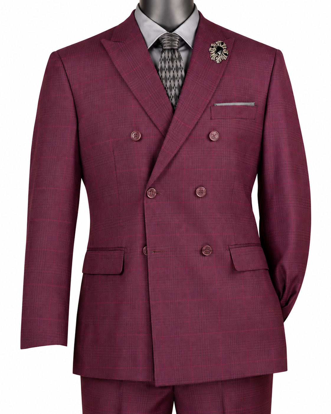 2-Piece Double Breasted Glen Plaid Regular Fit Suit - Burgundy
