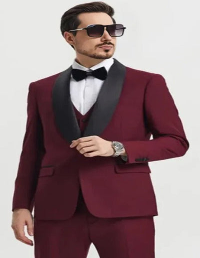 Burgundy Tuxedo - Maroon Burgundy Color - Mens One Button Shawl Lapel Matching Pants and Vest Tuxedo in Burgundy by Men's Tuxedo USA