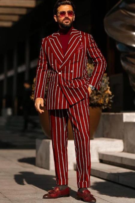 Men's Burgundy Pinstripe Suit 1920s Gangster Pattern Chalk Red And White 38 Short Jacket+32 Waist Adjustable 28to34)(Height: 5 4 to5 7 )(Neck 15-16.5)