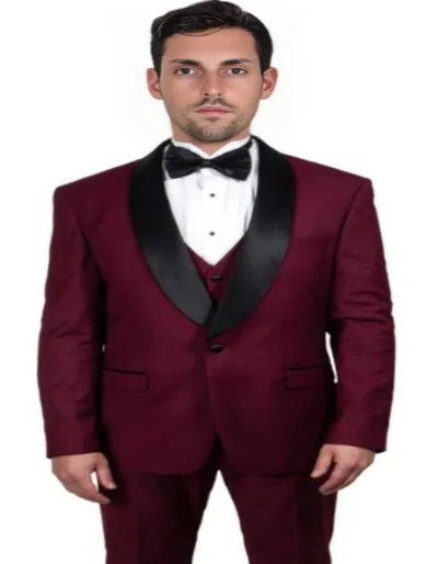 Burgundy Tuxedo - Maroon Burgundy Color - Mens One Button Shawl Lapel Burgundy Tuxedo by Men's Tuxedo USA