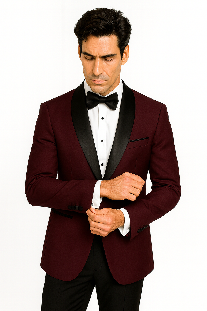 Prom Tuxedo - Wedding Suit - Groom Suit MEN'S BURGUNDY WITH BLACK LAPEL VESTED 100% WOOL TUXEDO