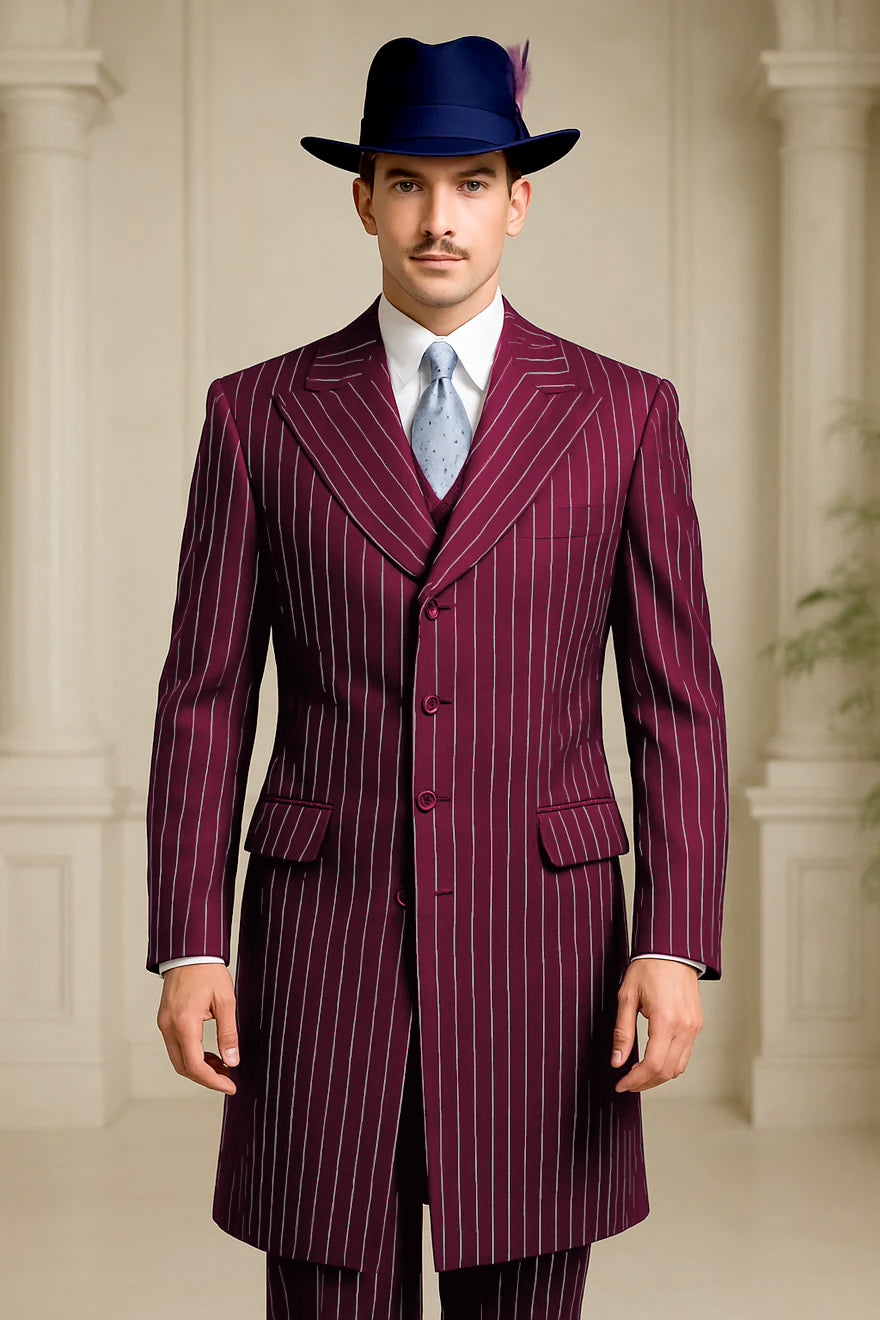 Mens Burgundy Pinstripe Suit – Classic Long Coat Style with White Stripes