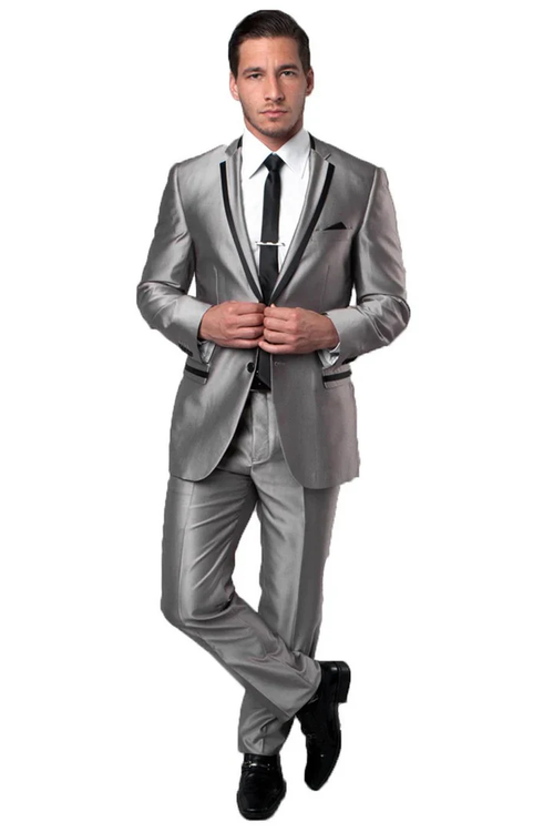 Designer Gray Prom Tuxedo - Grey Wedding Tuxedo Suit With Black Piping by PROMTUXEDO