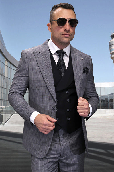 Men's Designer One Button Peak Lapel Vested Wool Suit in Black Plaid