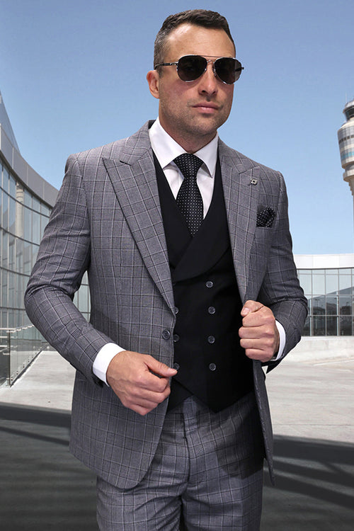 Men's Designer One Button Peak Lapel Vested Wool Suit in Black Plaid